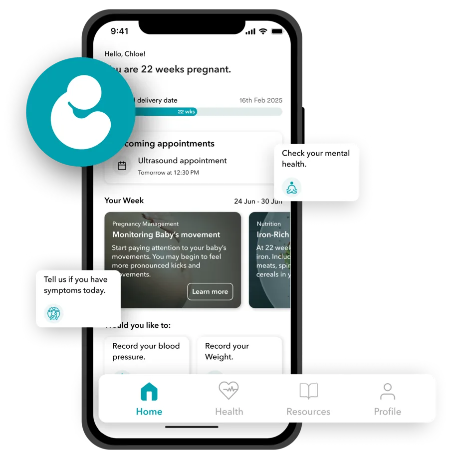 The StrideHx app dashboard showing pregnancy tracking and health metrics.