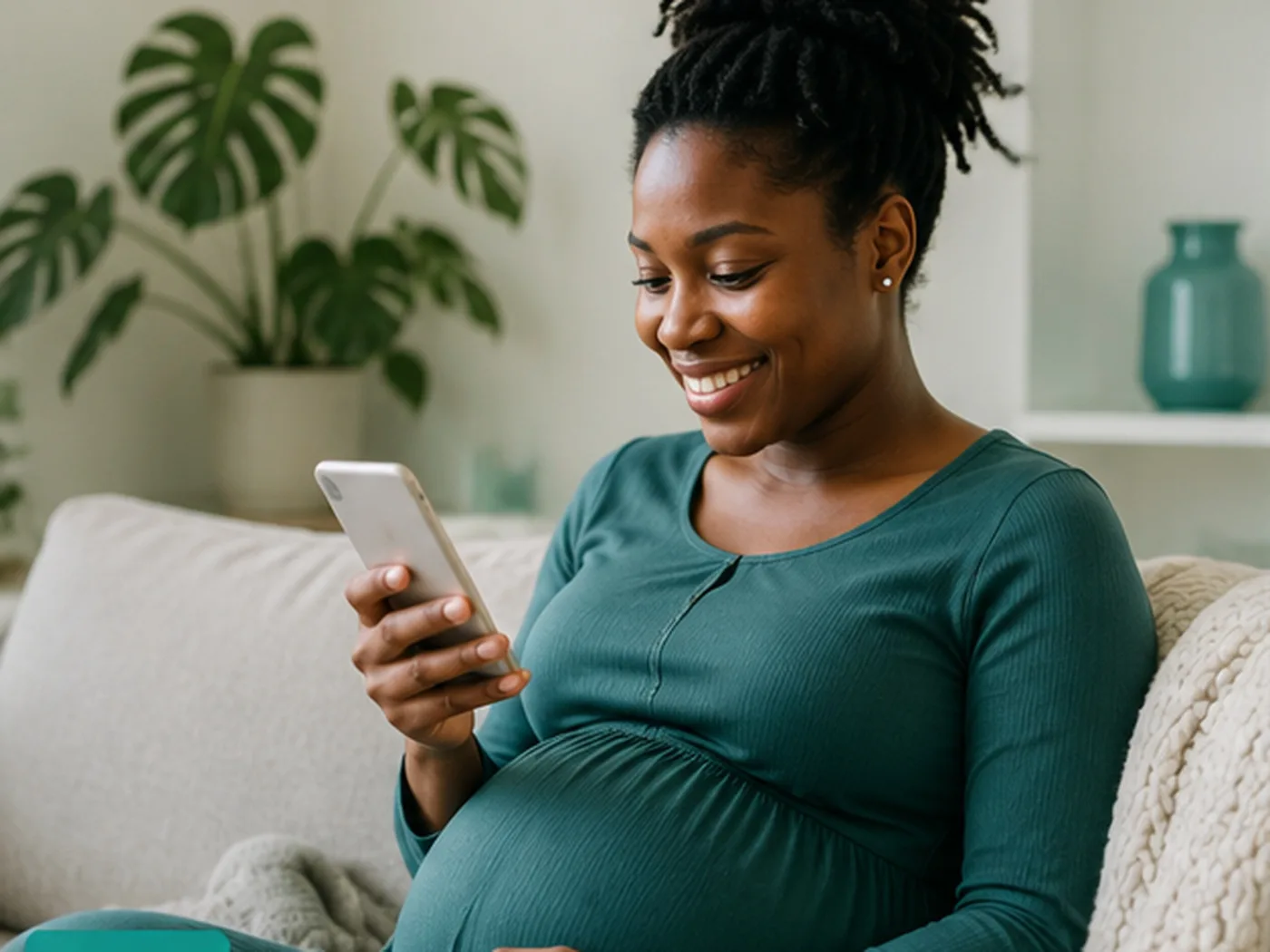 An expectant mother smiling while using the StrideHx app on her phone.