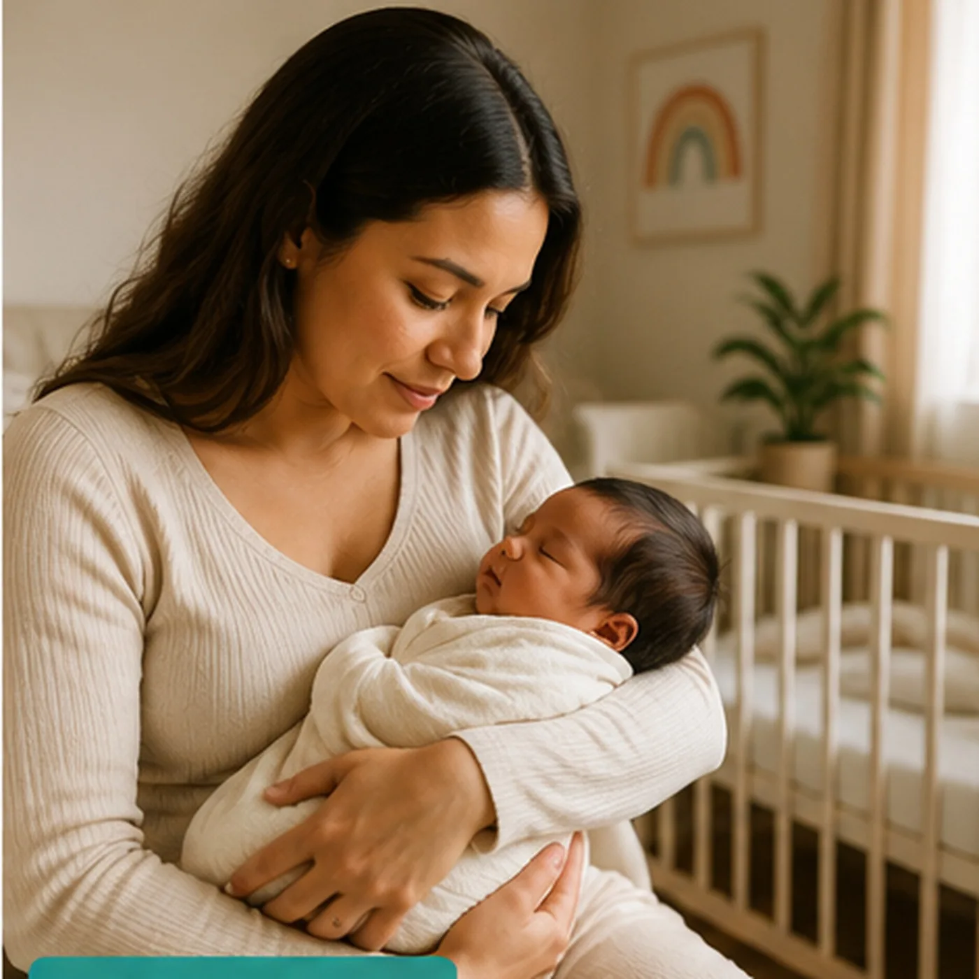 A mother holding her newborn in a softly lit room.