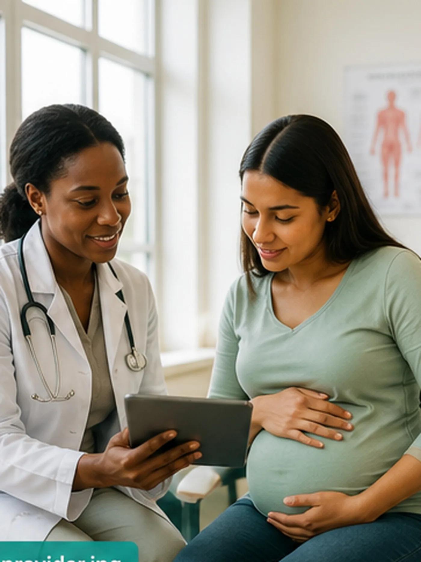 A mother reviewing her health data with a clinician.