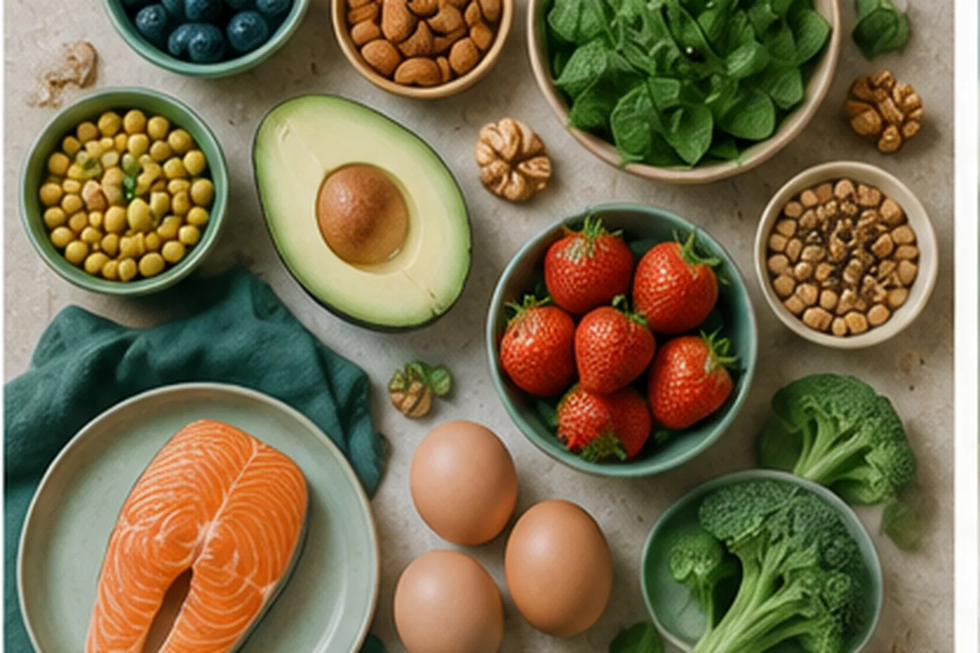 Nutrient-rich foods arranged on a table.
