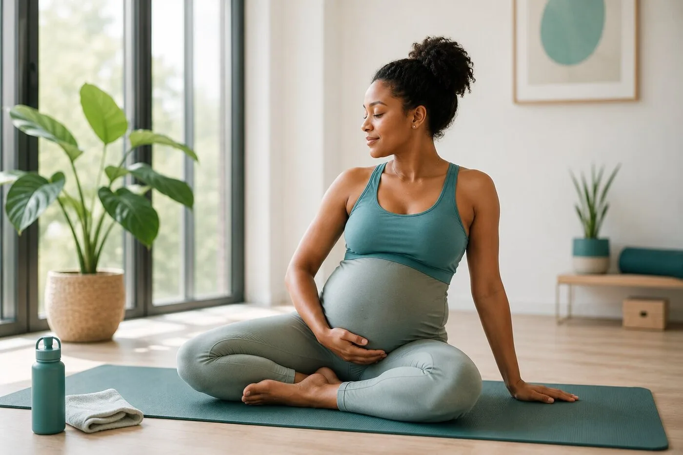 A pregnant woman practicing gentle yoga.